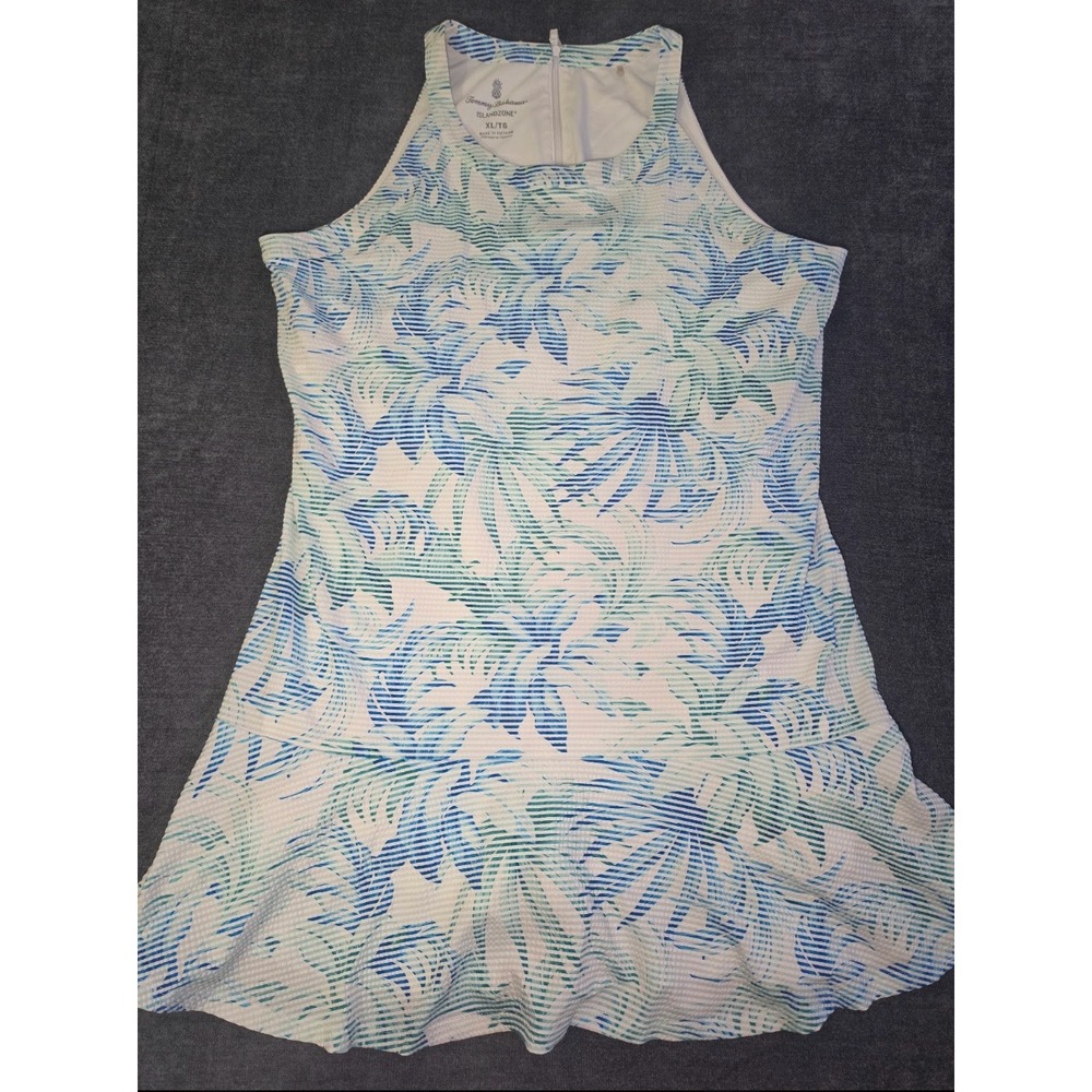 Tommy Bahama IslandZone Blue Green Palm Seersucker Dress XL Tropical Sleeveless